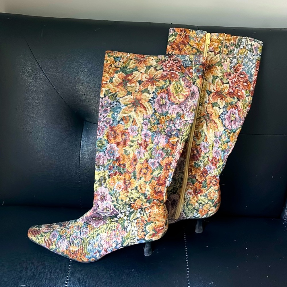 Glittery Brocade heels, tall boots.